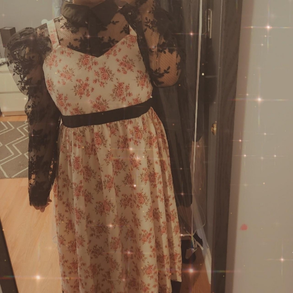 contrast lace gigot sleeve floral print dress